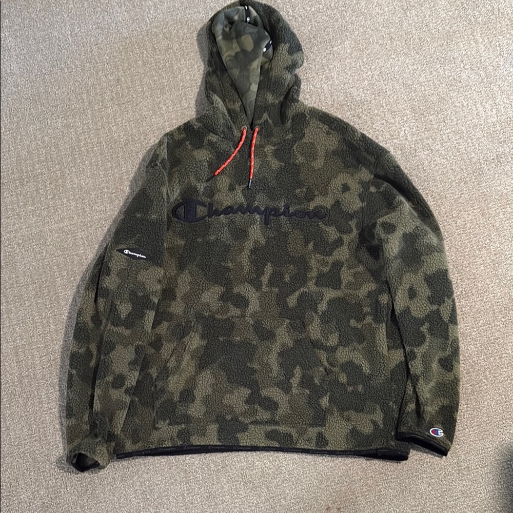Champion Green Camo Hoodie with Red Details